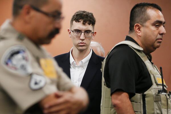 FILE - In the is Oct. 10, 2019 file photo, El Paso Walmart shooting suspect Patrick Crusius pleads not guilty during his arraignment in El Paso, Texas. (Briana Sanchez/El Paso Times via AP, Pool, File)