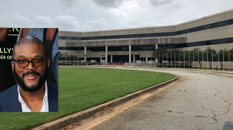 The former Forces Command or FORSCOM building at Fort McPherson on Monday, Aug. 26, 2019. Tyler Perry (inset) is concerned about emissions coming from the FDA lab that is being built there. J. SCOTT TRUBEY@AJC.COM/ AP (inset)
