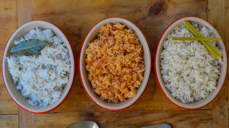 Pilaf ingredients can vary, but the technique for preparing rice pilaf does not. Pictured (from left to right) are classic rice pilaf, Italian-inspired tomato rice pilaf, and coconut rice pilaf. (Virginia Willis for The Atlanta Journal-Constitution)