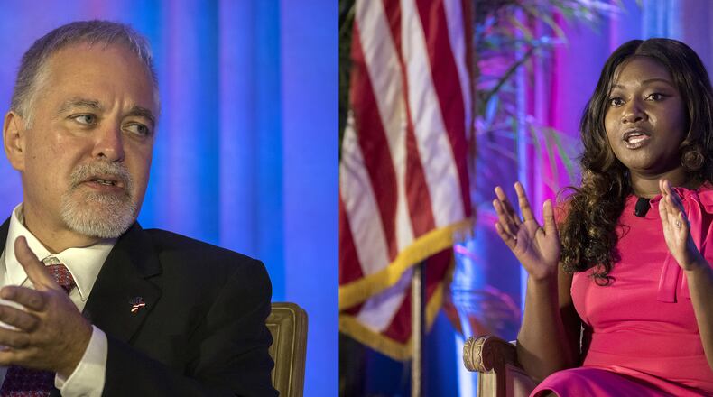 In these June 2022 file photos, Georgia State School Superintendent Richard Woods, the Republican incumbent, and his challenger, Democrat Alisha Thomas Searcy, spoke separately during the Georgia School Board Association Summer conference in Savannah. On Monday, Oct. 17, 2022, they faced each other in a debate. (AJC Photo/Stephen B. Morton)