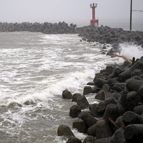 A coastline is hit by high waves as a typhoon approaches Futtsu city, Chiba prefecture near Tokyo, Saturday, June 27, 2026. (Kyodo News via AP)