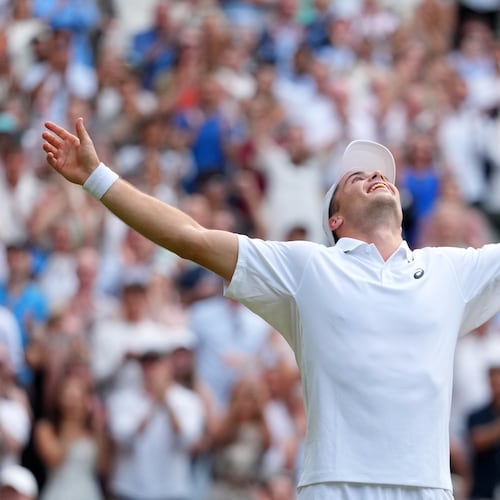 Arthur Fery of Britain celebrates winning the men's singles fourth round match against Grigor Dimitrov of Bulgaria at the Wimbledon Tennis Championships in London, Monday, July 6, 2026.(AP Photo/Kirsty Wigglesworth)