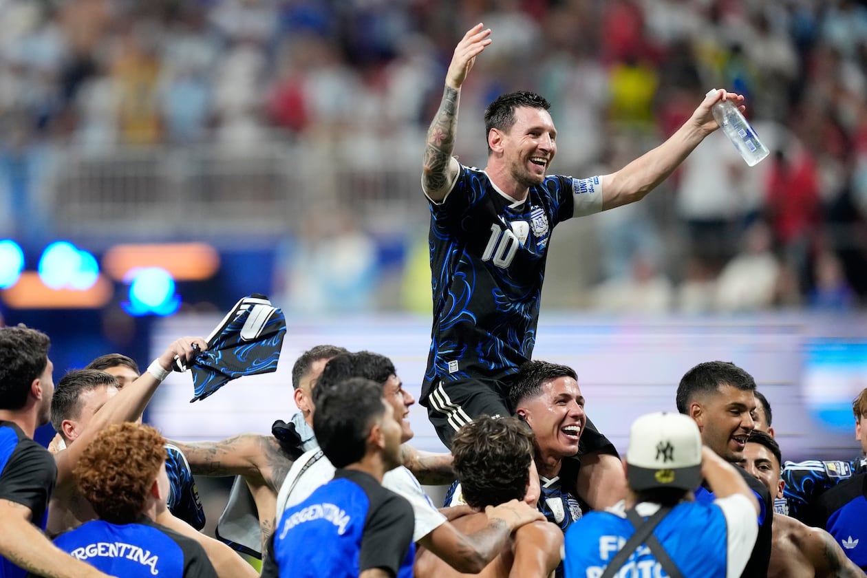 Argentina's Lionel Messi celebrates with his teammates at the end of the World Cup semifinal soccer match between England and Argentina in Atlanta, Wednesday, July 15, 2026. (Rebecca Blackwell/AP)