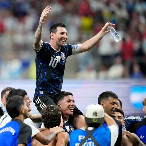 Argentina's Lionel Messi celebrates with his teammates at the end of the World Cup semifinal soccer match between England and Argentina in Atlanta, Wednesday, July 15, 2026. (AP Photo/Rebecca Blackwell)