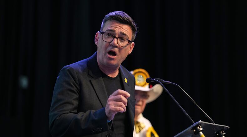 Labour party's Andy Burnham speaks after winning the Makerfield by-election, paving the way for a leadership challenge against Prime Minister Sir Keir Starmer. in Wigan, England, Friday, June 19, 2026.(AP Photo/Jon Super)
