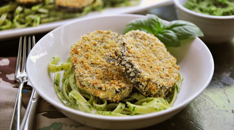 Crispy Eggplant with Kale Pesto Fettucine. (Gretchen McKay/Post-Gazette/TNS)