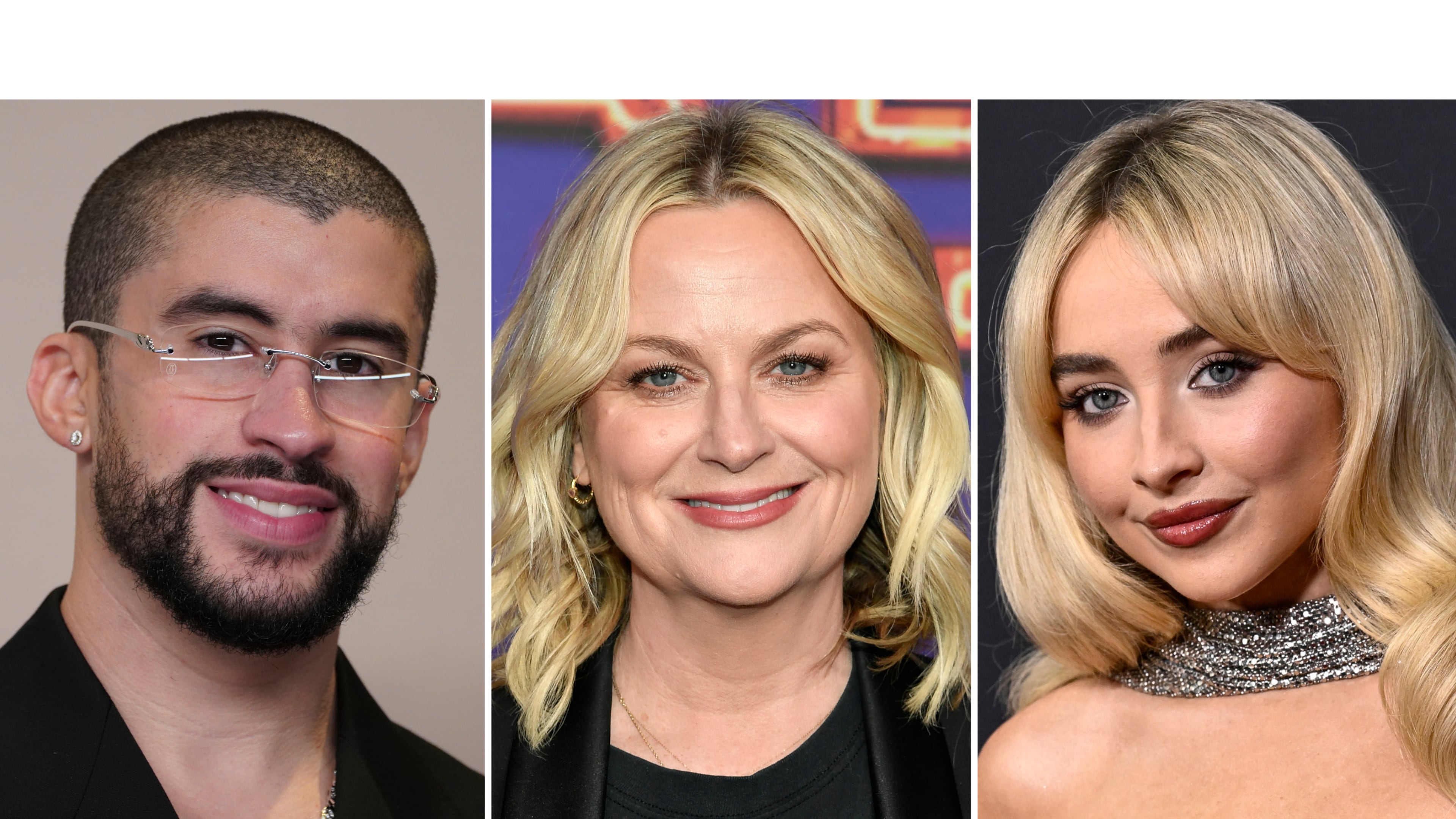 Bad Bunny appears at the Oscars in Los Angeles on March 10, 2024, left, Amy Poehler allears at the SNL50: The Homecoming Concert in New York on Feb. 14, 2025, center, and Sabrina Carpenter appears at the Time100 Next event in New York on Oct. 9, 2024. (AP Photo)