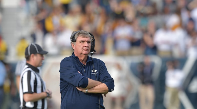 Georgia Tech coach Paul Johnson reacts at the end of the fourth quarter of a 38-7 loss against Georgia on Saturday at Bobby Dodd Stadium.