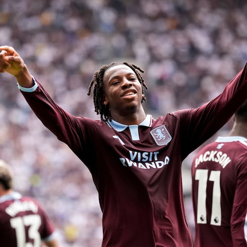 Aston Villa's Johan Manzambi celebrates as he scores the opening goal during the English Premier League soccer match between Tottenham Hotspur and Aston Villa, at Tottenham Hotspur Stadium in London, Saturday, Sept. 19, 2026. (Andrew Matthews/PA via AP)