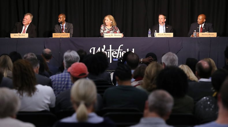 October 22, 2019 Mableton: Smyrna mayoral candidates Alex Backry (from left), Ryan Campbell, Laura M. Mireles, Derek Norton and Steven Rasin participate in a debate at Whitefield Academy on Tuesday, October 22, 2019, in Mableton. Longtime Mayor Max Bacon is not running for re-election. Curtis Compton/ccompton@ajc.com