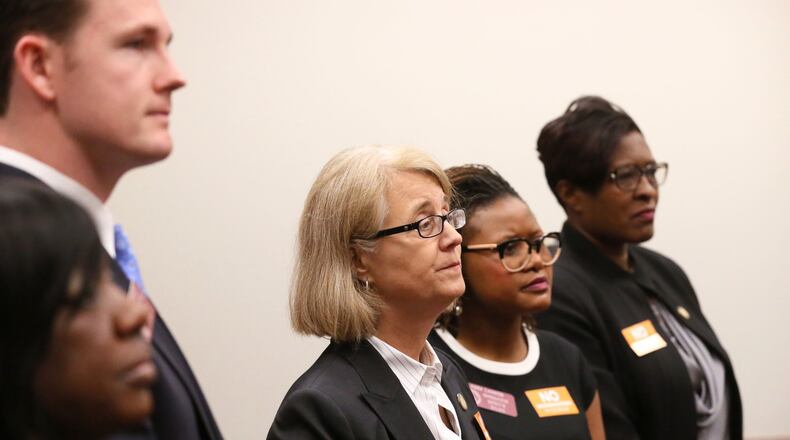Mar. 21, 2016 - Atlanta - State Representatives Dee Dawkins-Haigler (D - Lithonia)(from left), Taylor Bennett (D - Brookhaven), Karla Drenner (D-Avondale Estates), Park Cannon (D-Atlanta) and Keisha Waites (D-Atlanta) held a press conference opposing the passage of the anti-LGBT House Bill 757 as amended by the Senate. They urged Gov. Deal to veto the bill. BOB ANDRES / BANDRES@AJC.COM