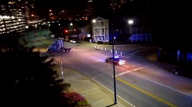 A 90-mile tractor-trailer chase ended Monday, Aug. 31, 2015, near Atlantic Station. (Credit: Channel 2 Action News)