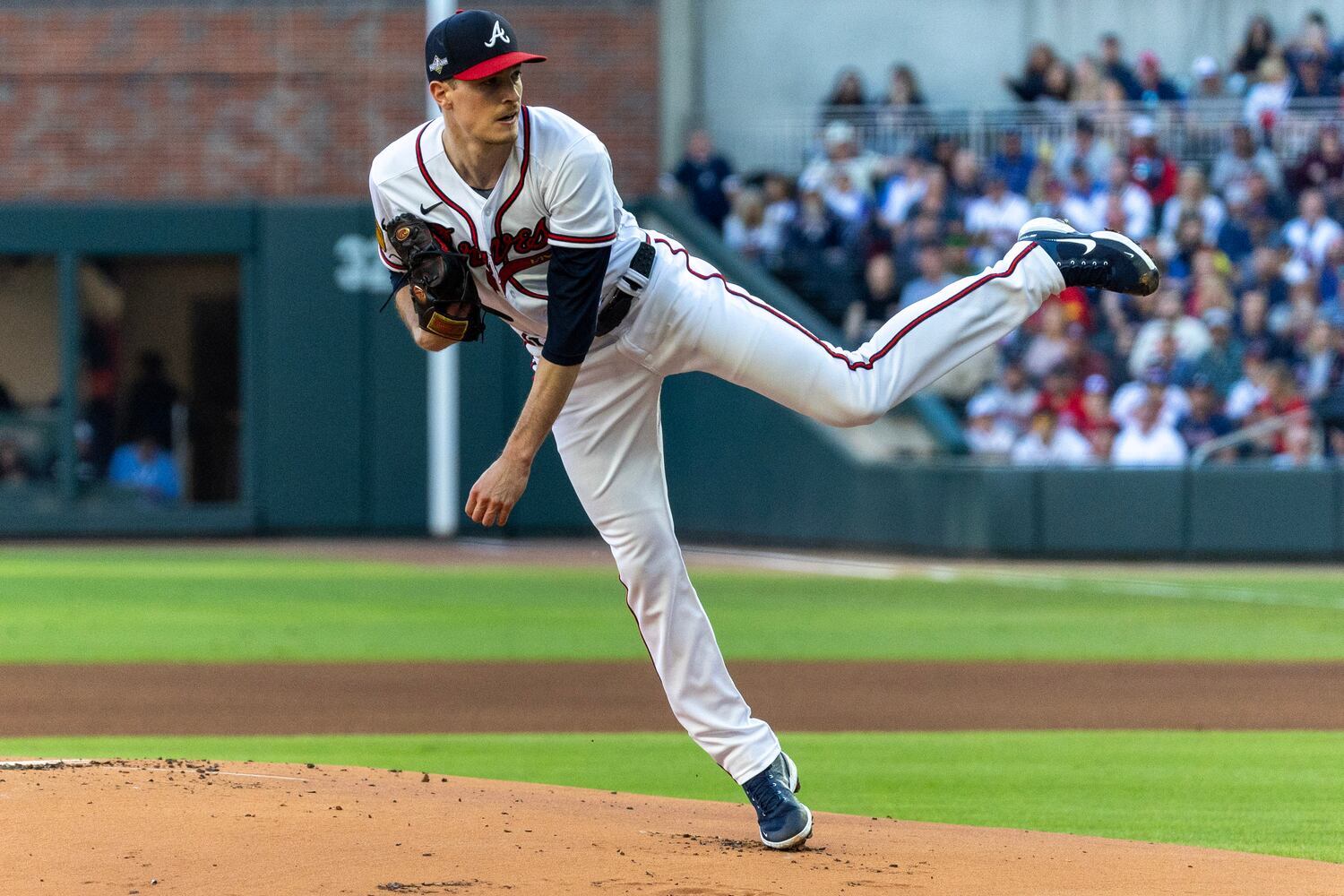 Atlanta Braves starting pitcher Max Fried (54) delivers to the Philadelphia Phillies during the first inning of the NLDS Game 2 in Atlanta on Monday, Oct. 9, 2023.   (Miguel Martinez / Miguel.Martinezjimenez@ajc.com)
