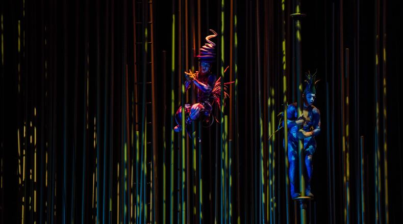 The Cirque du Soleil show "Varekai" runs July 29-Aug. 2 at Gwinnett Arena in Duluth. Since 2002, the 50-person event has orbited the world (its Grand Chapiteau version played Atlanta in 2003 at the Cumberland Galleria) with its typically vague story, this one set within a forest at the summit of a volcano. Photos: Jean-François Lemire/shootstudio.ca Costumes: Eiko Ishioka © 2014 Cirque du Soleil