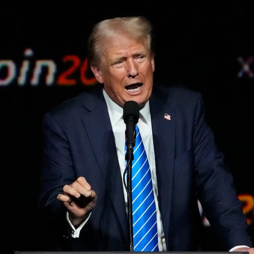 FILE - Republican presidential candidate former President Donald Trump speaks at the Bitcoin Conference, July 27, 2024, in Nashville, Tenn. (AP Photo/Mark Humphrey, File)
