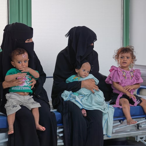 Displaced Yemenis from the West coast wait to receive medical care at Prince Mohammed bin Salman Hospital in Aden, Yemen, Wednesday, Sept. 16, 2026. (AP Photo/Abdulnasser Alseddik)
