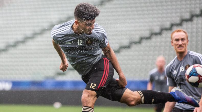 Atlanta United's Miles Robinson heads the ball in Wednesday's crimmage against the L.A. Galaxy. (Atlanta United)