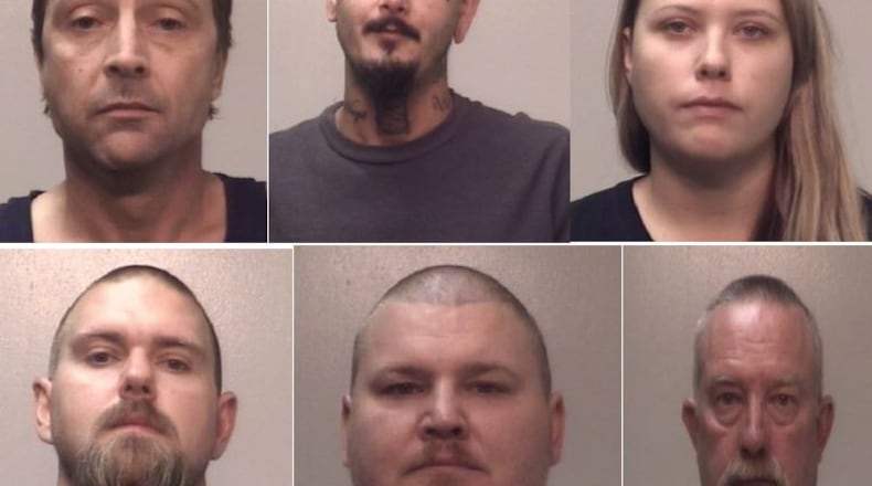 (Top, left to right) Kenneth Hamrick Campbell Jr., Lloyd Jefferson Harris, Ashley Morgan Hartfree. (Bottom, left to right) Ricky James Hartfree, Thomas Joseph Lewandoski, Stephen Maxwell Kemp. (Credit: Coweta County Sheriff's Office)