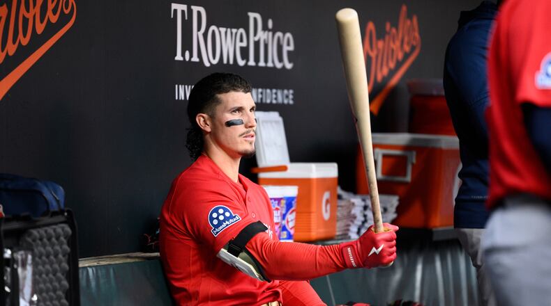 Boston Red Sox left fielder Jarren Duran sits in the dugout before a baseball game against the Baltimore Orioles, Friday, April 24, 2026, in Baltimore. (AP Photo/Nick Wass)