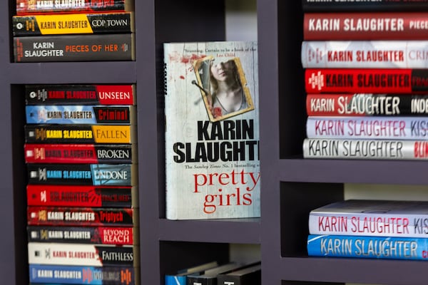 Author Karin Slaughter’s books line shelves in her home near Blue Ridge on Friday, July 11, 2025. (Arvin Temkar/AJC)