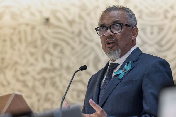 Director General of the World Health Organization (WHO) Tedros Adhanom Ghebreyesus delivers his statement, during the opening of the 78th World Health Assembly at the European headquarters of the United Nations in Geneva, Switzerland, Monday, May 19, 2025. (Magali Girardin/Keystone via AP)