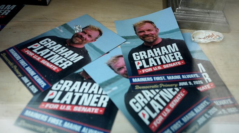 Campaign flyers for former Democratic candidate for U.S. Senate Graham Platner are seen at his headquarters Thursday, July 9, 2026, in Ellsworth, Maine. (AP Photo/Robert F. Bukaty)