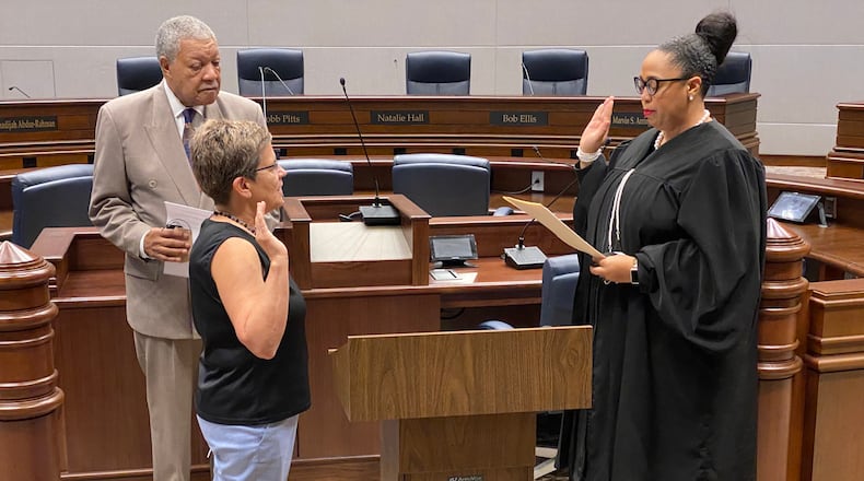 Cathy Woolard, former Atlanta City Council president, was sworn in Wednesday, Sept. 29, 2021 as chair of Fulton County’s board of registration and elections. (Ben Brasch/AJC)