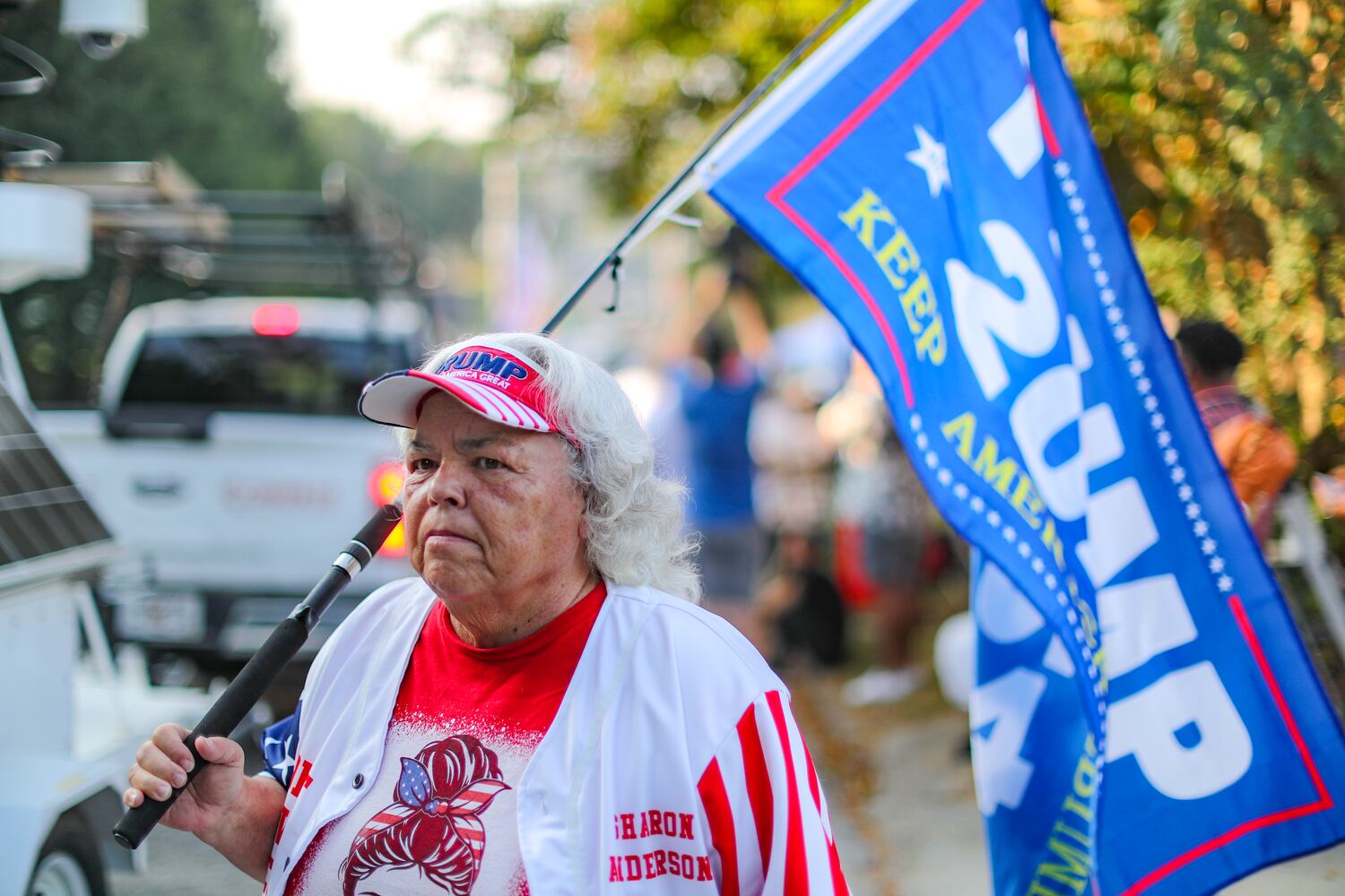 August 24, 2023 Atlanta: Sharon Anderson from East Tennessee made the drive to Rice Street where by late Thursday morning, Aug. 24, 2023 there were more than 100 protestors gathered outside the jail, and they were prepared to wait for hours until the anticipated arrival of former President Donald Trump this afternoon. The bond agreements for defendants in the Fulton County Trump case so far have ranged from $10,000 for two defendants to the $200K set for Donald Trump. Here are the amounts reported so far (and a list of defendants that don’t have reported bond agreements): Donald Trump: $200,000, Rudy Giuliani: $150,000, John Eastman: $100,000, Kenneth Chesebro: $100,000, Jenna Ellis: $100,000, Sidney Powell: $100,000, David Shafer: $75,000, Stephen Lee: $75,000, Cathleen Latham: $75,000, Ray Smith: $50,000, Robert Cheeley: $50,000, Michael Roman: $50,000, Shawn Still: $10,000 (signature bond), Scott Hall: $10,000, Misty Hampton: $10,000 (signature bond). Defendants who don’t have reported bond agreements: Mark Meadows, Jeffrey Clark, Harrison Floyd, Trevian Kutti. (John Spink / John.Spink@ajc.com)


