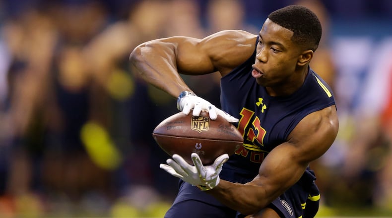 Georgia State wide receiver Robert Davis runs a drill at the NFL football scouting combine Saturday, March 4, 2017, in Indianapolis.