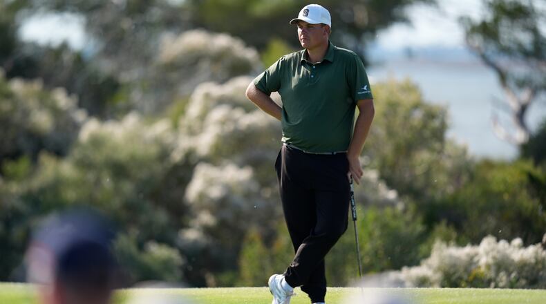 Sami Valimaki waits to putt on the 11th green during the third round of the RSM Classic golf tournament, Saturday, Nov. 22, 2025, in St. Simons Island, Ga. (AP Photo/Mike Stewart)