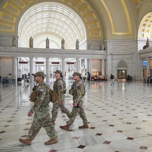 FILE - Members of the National Guard walking in the lobby of Union Station in Washington, May 27, 2026. (AP Photo/Matt Rourke, file)