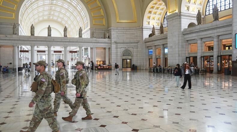 FILE - Members of the National Guard walking in the lobby of Union Station in Washington, May 27, 2026. (AP Photo/Matt Rourke, file)