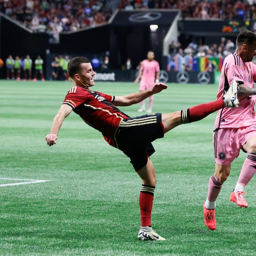 Atlanta United defender Brooks Lennon (11) rejects the ball away from Inter Miami forward Lionel Messi (10) during the second half at Mercedez Bens-Stadium. on Wednesday, September 18, 2024, in Atlanta.
(Miguel Martinez/ AJC)