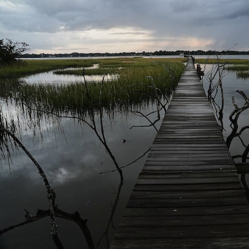 A storm moves through a salt marsh at sunset Monday, Oct. 6, 2025, in Charleston, S.C. (AP Photo/Joshua A. Bickel)