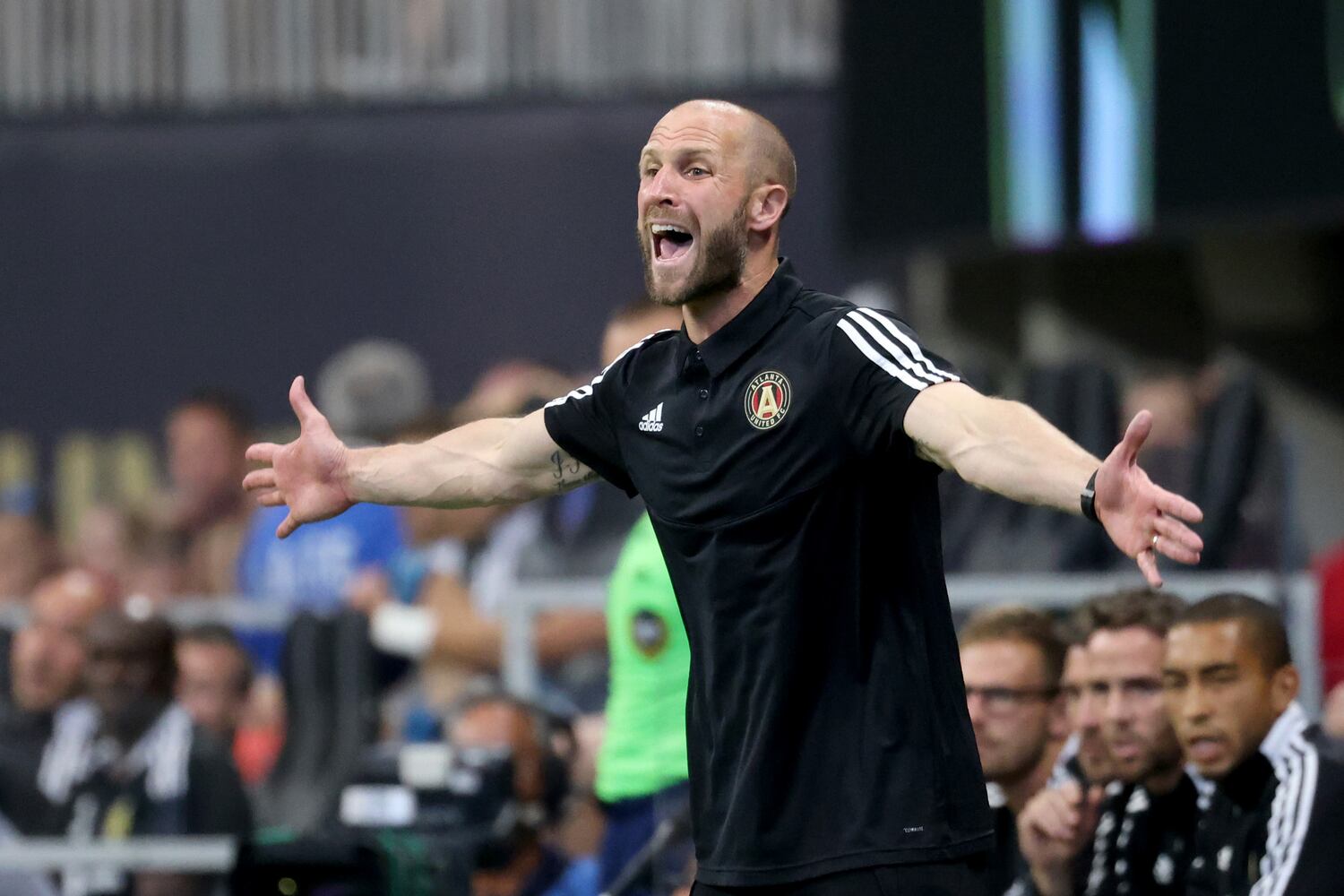 Atlanta United interim coach Rob Valentino reacts to a play. JASON GETZ FOR THE ATLANTA JOURNAL-CONSTITUTION