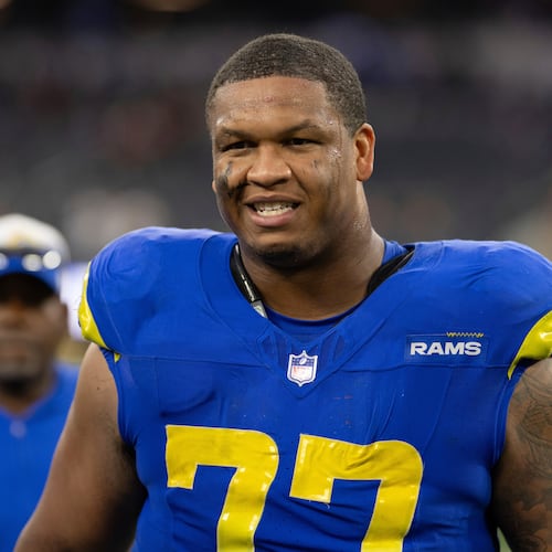 FILE - Los Angeles Rams offensive tackle Alaric Jackson (77) walks back to the locker room after an NFL football game against the Washington Commanders, Dec. 17, 2023, in Inglewood, Calif. (AP Photo/Kyusung Gong, File)