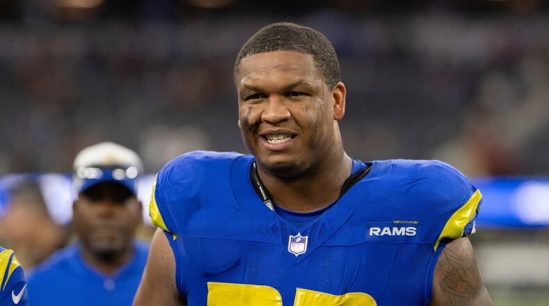 FILE - Los Angeles Rams offensive tackle Alaric Jackson (77) walks back to the locker room after an NFL football game against the Washington Commanders, Dec. 17, 2023, in Inglewood, Calif. (AP Photo/Kyusung Gong, File)