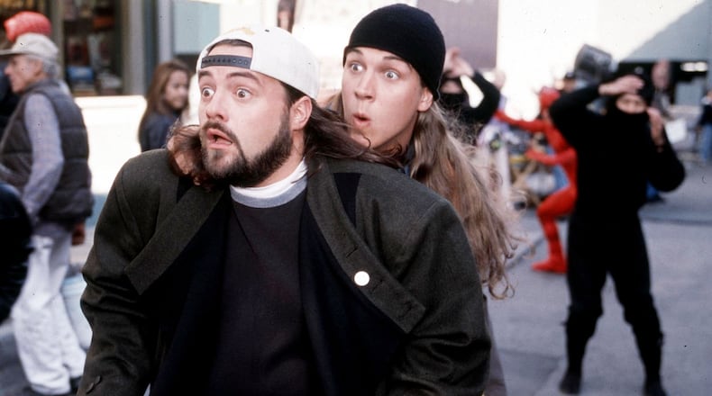 391536 01: Actors Kevin Smith and Jason Mewes perform in the movie "Jay and Silent Bob Strike It Back." (Photo by Courtesy of Dimension Films/ Miramax Films/Getty Images)