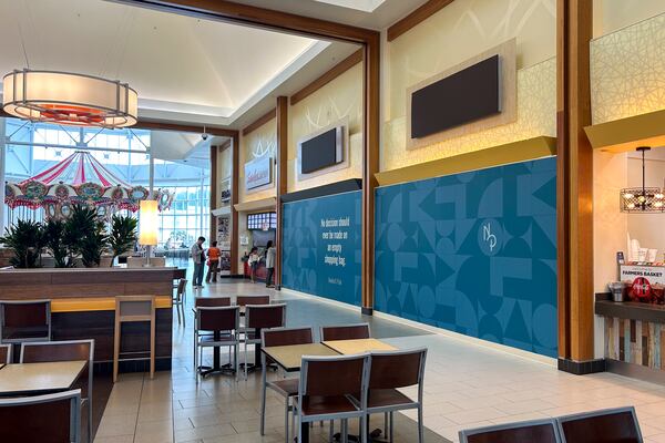 Empty stalls line the food court inside the North Point Mall, April 3, 2025, in Alpharetta. (Jason Getz/AJC)