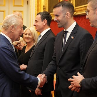 Britain's King Charles III greets the Prime Minister of Montenegro Milojko Spajic, during a reception for Western Balkans leaders at St James's Palace, London, Tuesday, Oct. 21, 2025, on the eve of the Western Balkans Leaders' Summit. (Aaron Chown/Pool Photo via AP)
