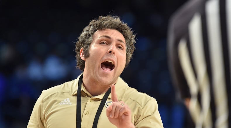 Georgia Tech head coach Josh Pastner appeals to a referee in the second half Tuesday, March 2, 2021, against Duke at McCamish Pavilion in Atlanta. (Hyosub Shin / Hyosub.Shin@ajc.com)