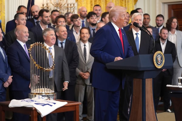 President Donald Trump speaks during a ceremony to honor the Major League Baseball 2024 World Series Champion Los Angeles Dodgers in the East Room of the White House, Monday, April 7, 2025, in Washington. (AP Photo/Evan Vucci)