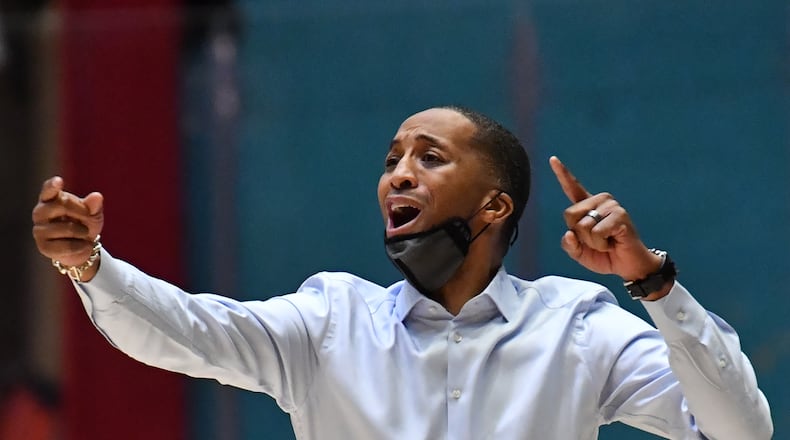 Pace Academy head coach Sharman White shouts instructions during the 2021 GHSA State Basketball Class AA Boys Championship game at the Macon Centreplex in Macon on Thursday, March 11, 2021 Pace Academy won 73-42 over Columbia. (Hyosub Shin / Hyosub.Shin@ajc.com)