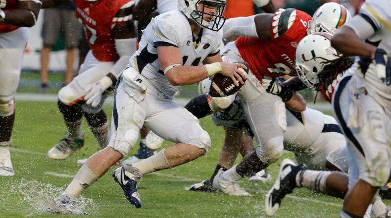 Georgia Tech quarterback Matthew Jordan runs with the football during the second half of an NCAA college football game against Miami, Saturday, Nov. 21, 2015 in Miami Gardens, Fla. Miami defeated Georgia Tech 38-21. (AP Photo/Lynne Sladky)
