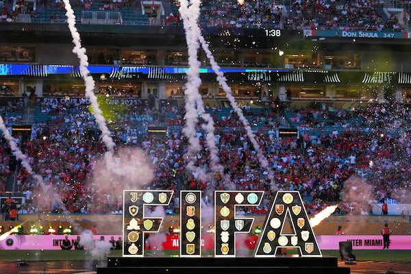 The FIFA logo is emblazoned with the club crests of competing teams prior to the Club World Cup group A soccer match between Al Ahly and Inter Miami in Miami, Fla., Saturday, June 14, 2025. (AP Photo/Rebecca Blackwell)