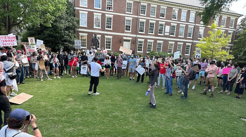 Protesters against Israel's war in Gaza gathered again at the University of Georgia's campus in Athens, Georgia, on the afternoon of Monday, April 29, 2024, hours after police broke up an earlier protest and arrested several demonstrators for trespassing. (Fletcher Page/The Atlanta Journal-Constitution/TNS)