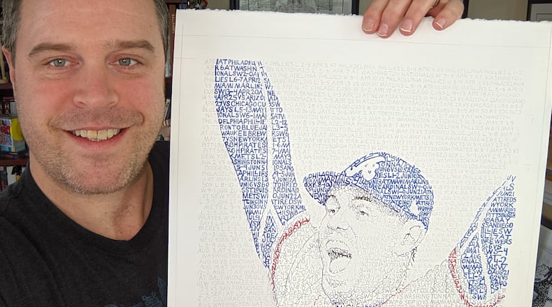 Philadelphia artist Dan Duffy created a portrait of Freddie Freeman using a mosaic of every game in the Braves' 2021 season. Photo: Dan Duffy
