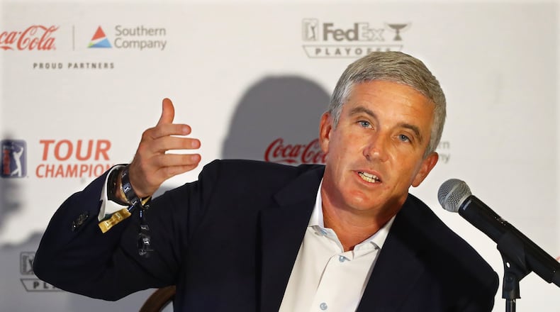 090220 Atlanta: PGA Tour commissioner Jay Monahan holds a live press conference with the media during the season-ending Tour Championship at East Lake Golf Club on Wednesday, Sept. 2, 2020 in Atlanta. “Curtis Compton / Curtis.Compton@ajc.com”