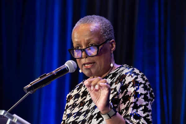 Val Cater, executive director and founder Gilgal, the residential treatment center for homeless women addicted to drugs or alcohol, addresses the Gilgal Blue Jean Gala 2024. The next gala is in October 2025. Courtesy of Gilgal Inc.