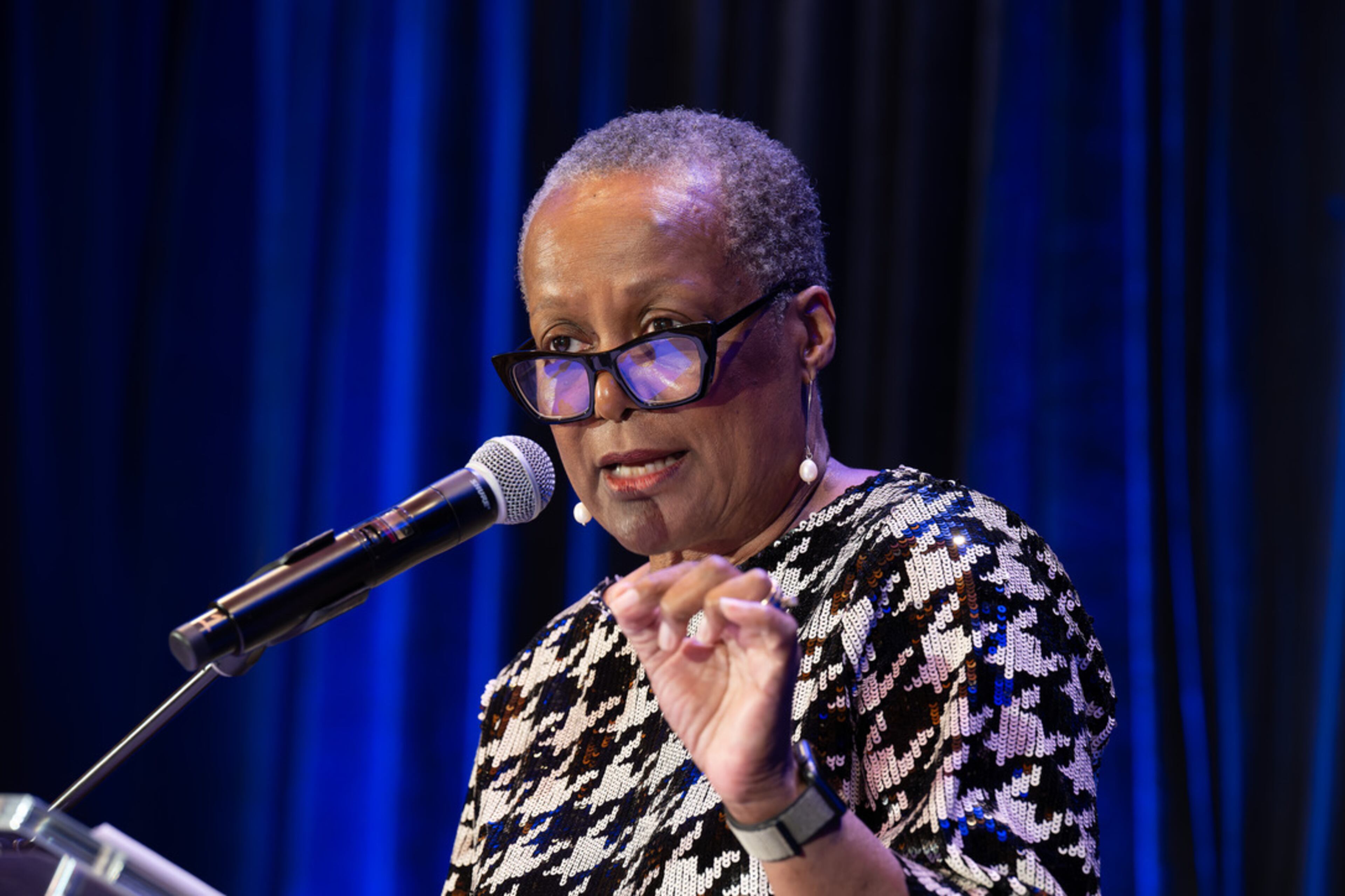 Val Cater, executive director and founder Gilgal, the residential treatment center for homeless women addicted to drugs or alcohol, addresses the Gilgal Blue Jean Gala 2024. The next gala is in October 2025. Courtesy of Gilgal Inc.